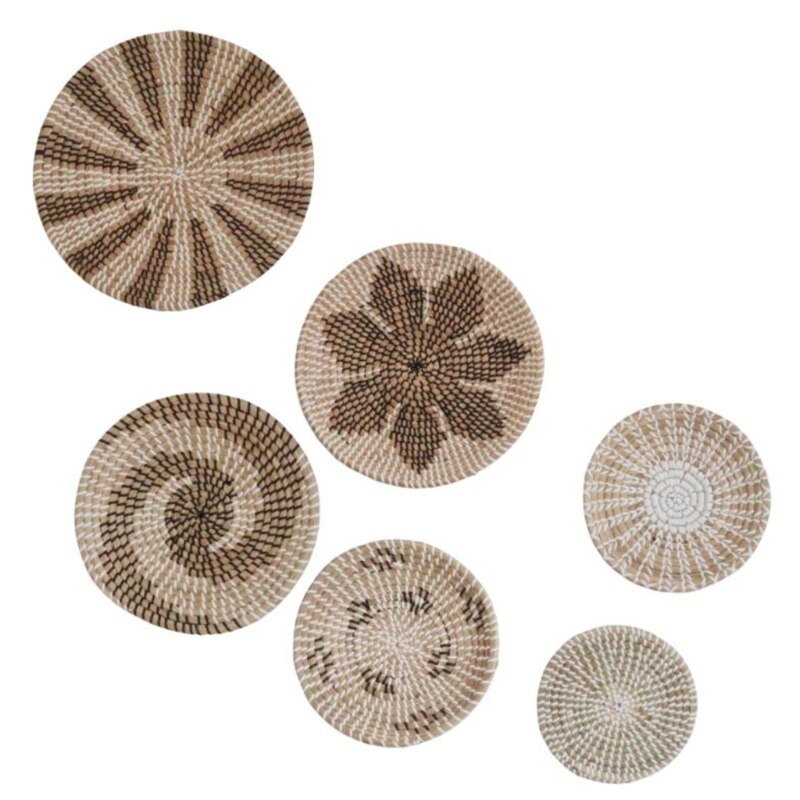 6pcs Handmade Hanging Wall Basket Boho Woven Seagrass Hanging Decorative Tray