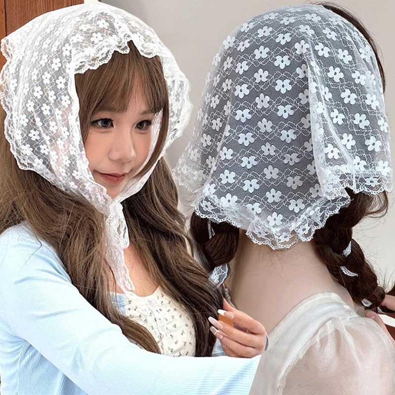 Retro Kant Bandana Hoofdband Print Haar Sjaal Bohemen Driehoek Hoofddoek Witte Haarbanden voor Dames Meisje Mode Zoete Hoofddoek