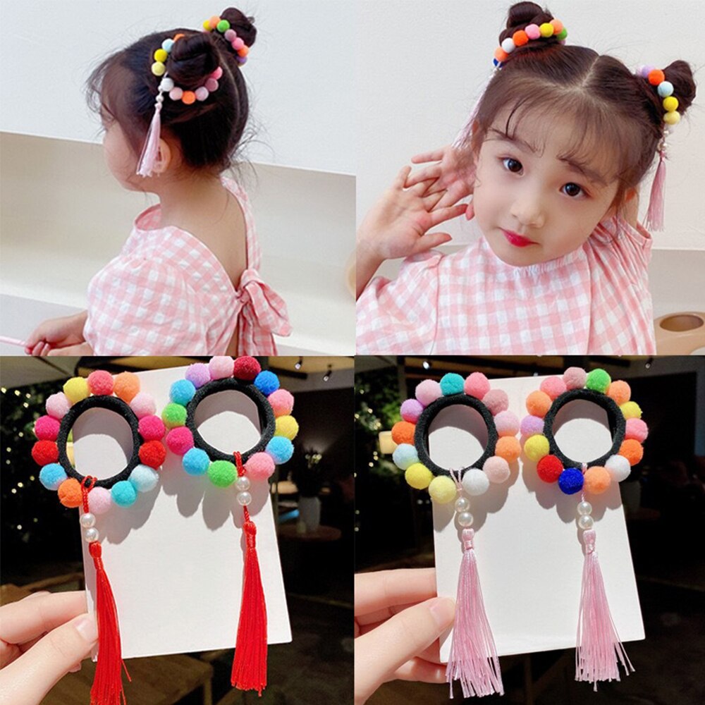 2Pcs Pompom Balls Tassel Elastic Hair Bands for Girls Ponytail Holder Scrunchies Baby Kids Elastic Rubber Band Hair Accessories