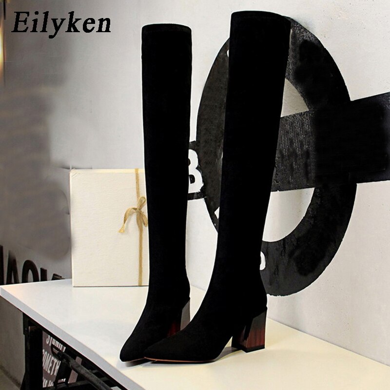Eilyken – cuissardes à talons épais pour femme, bottes chaudes à enfiler, en daim élastique, cuissardes hautes, taille 34 à 40, collection automne-hiver 2022