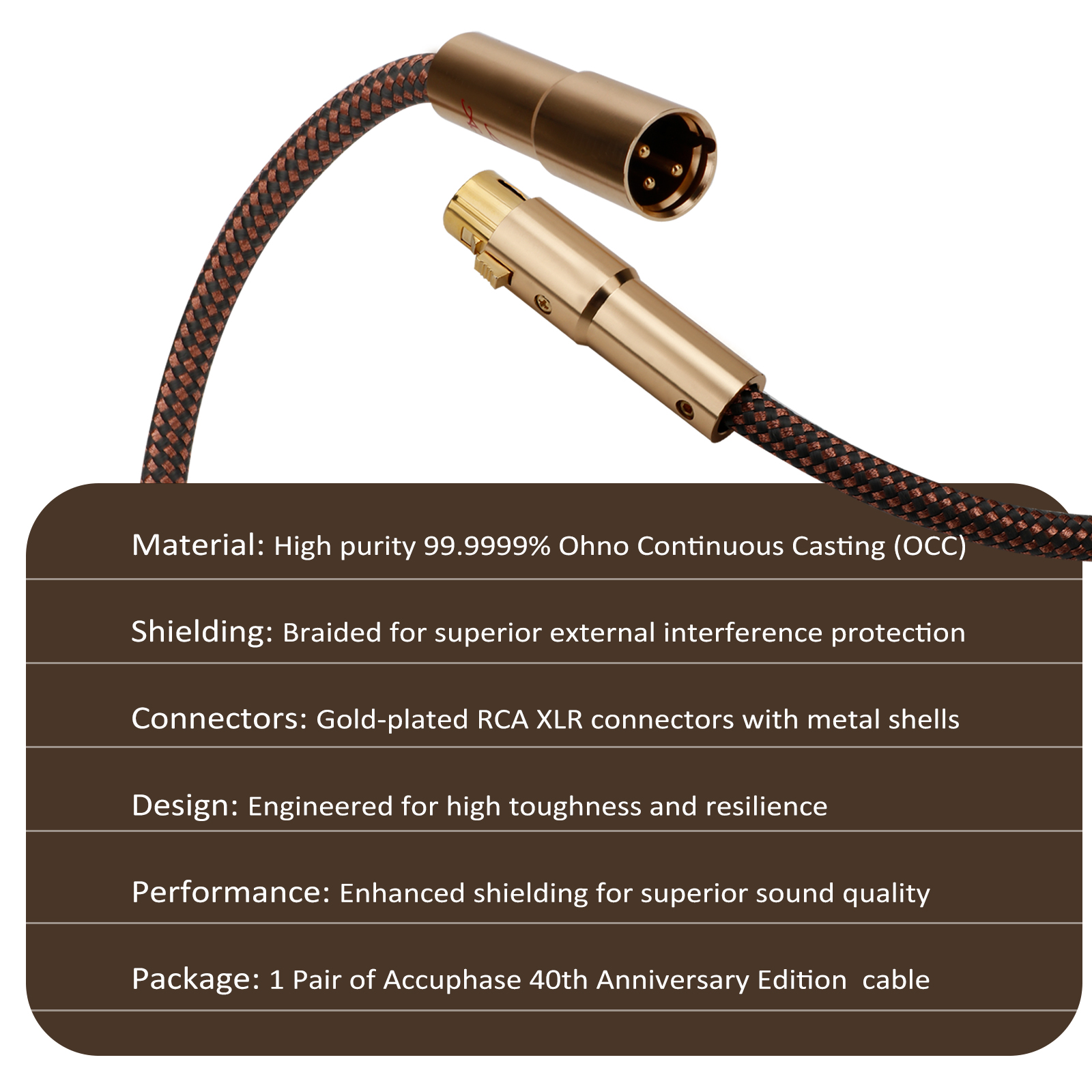 par accuphase 40th jubileums hifi xlr-kabel ledning occ xlr hann-til-hunn-linje høy renhet oksygenfri kobberkabel
