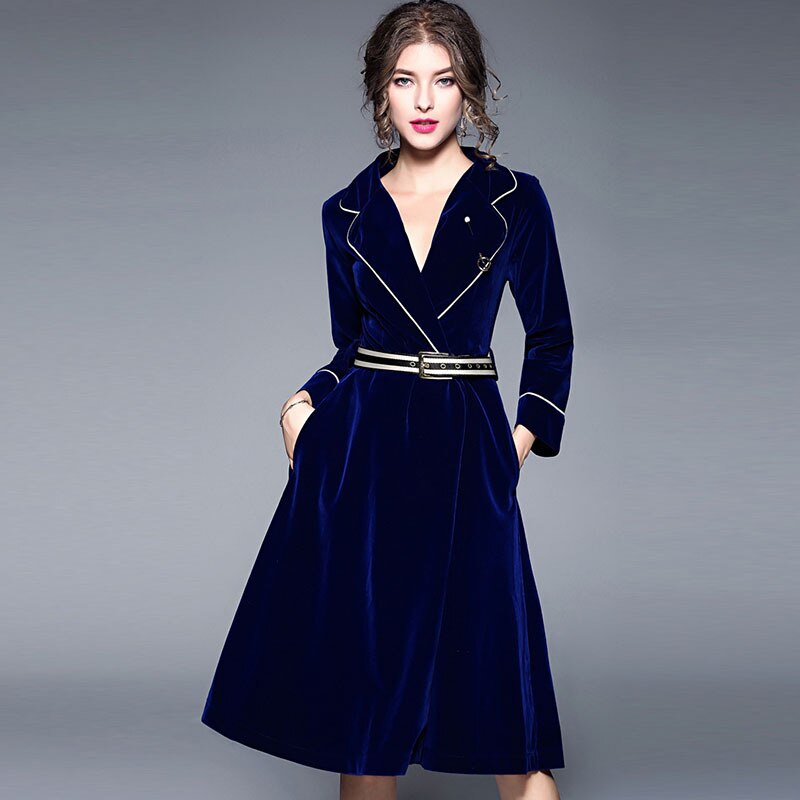 Women Velvet Long Coat Autumn/Winter High-end Office Lady A-Line Solid Belt Turn-down Collar Dress Woolen Coat