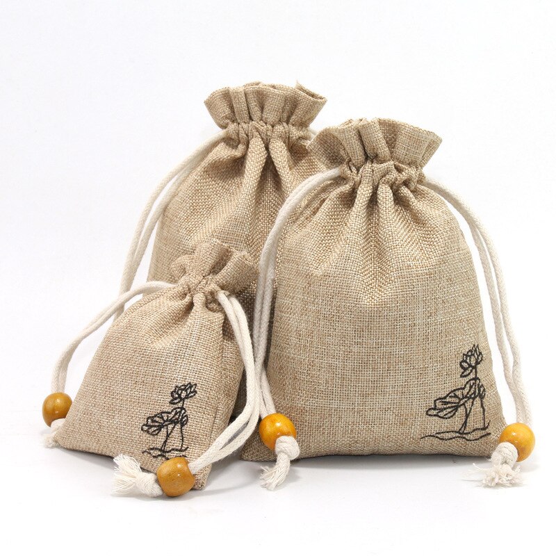 Pure Cotton Bags Packing Jewelry Drawstring bag Wedding Candy Wrappling Reusable Sachet Print Lotus Display Pack Bags: khaki hehua / 10x14cm 5PCS
