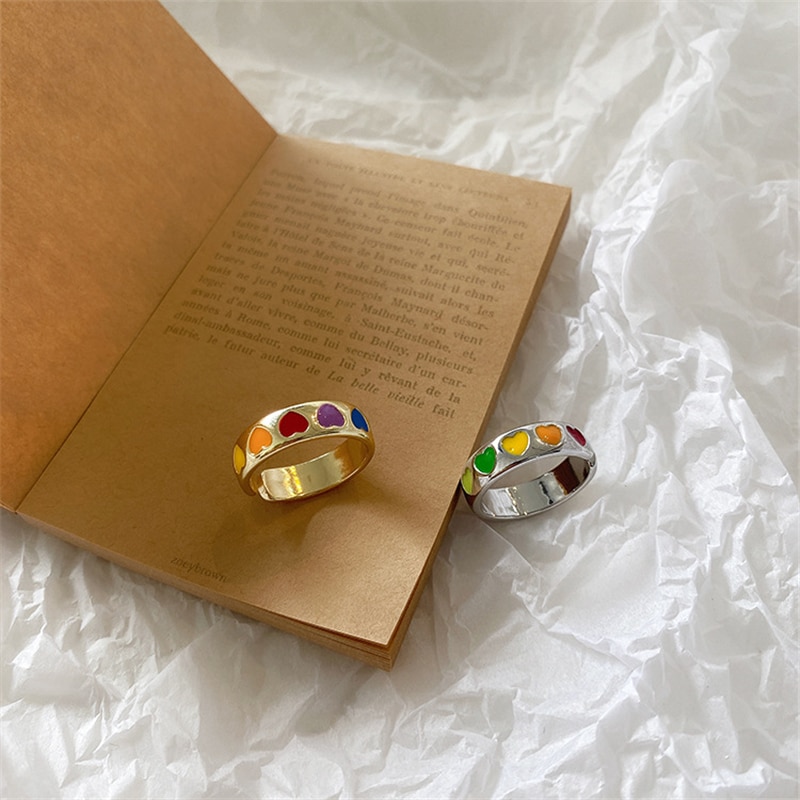 Vintage Bohemen Kleurrijke Enamel Hart Ring Leuke Eenvoudige Metalen Goud Zilver Kleur Ringen Voor Vrouwen Punk Rock Sieraden