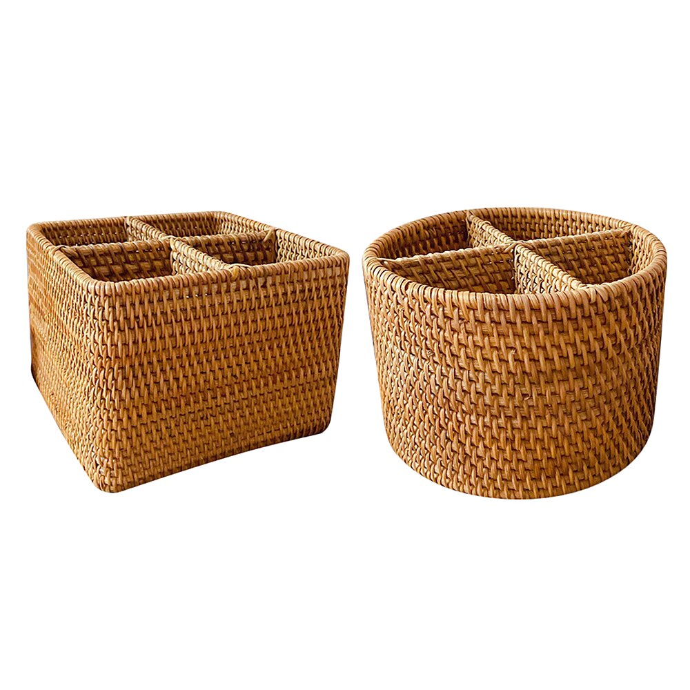 Hand-Woven Rattan Wicker Basket Desktop Storage Basket 4 Compartment Storage Boxes Storage Boxes Household Supplies