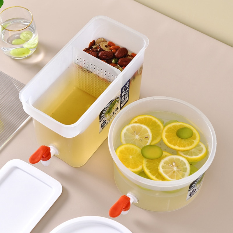 Round/Rectangular Cold Kettle With Faucet Fruit Juice Dispenser Bucket Refrigerator Cool Kettle Large Capacity Water Jug Kitchen