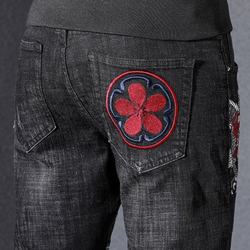 Men's Chinese dragon embroidery jeans embroidered slim straight stretch denim pants Trousers