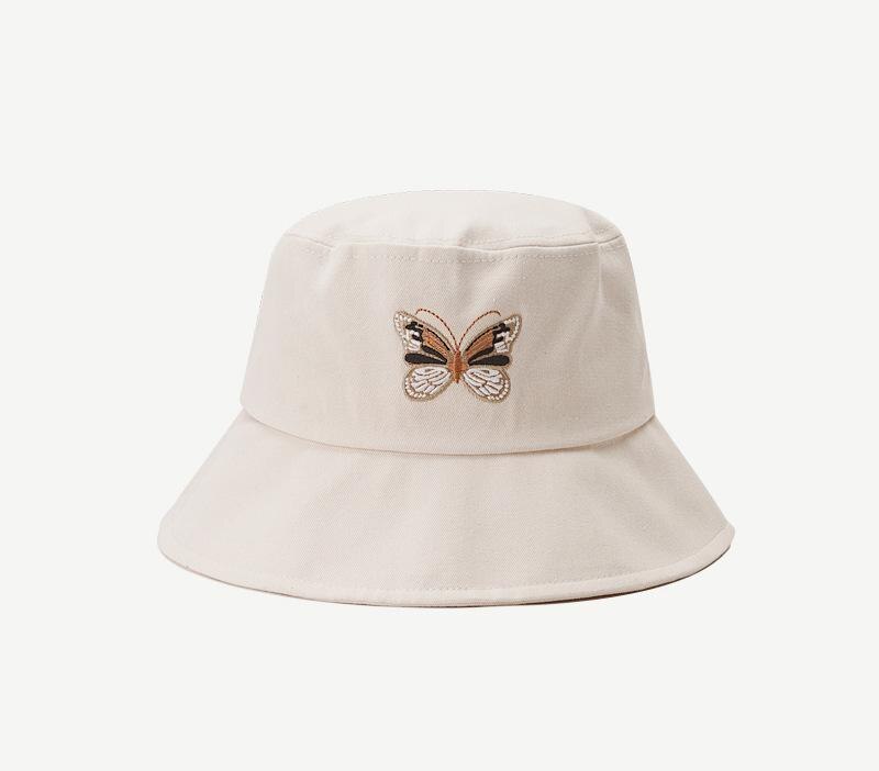 Hat Girl Spring / Summer / Autumn Sweet Lovely Butterfly Embroidered Fisherman's Hat Korean Sun Hat Sunscreen Basin Hat: Ivory