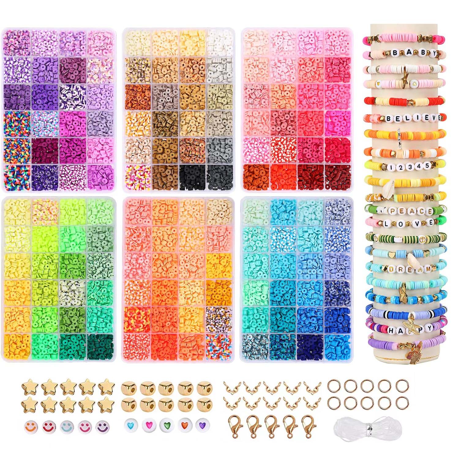 El kit para hacer pulseras de cuentas de arcilla de 2400 piezas incluye cuentas sueltas y hilo para manualidades de joyería DIY para niñas
