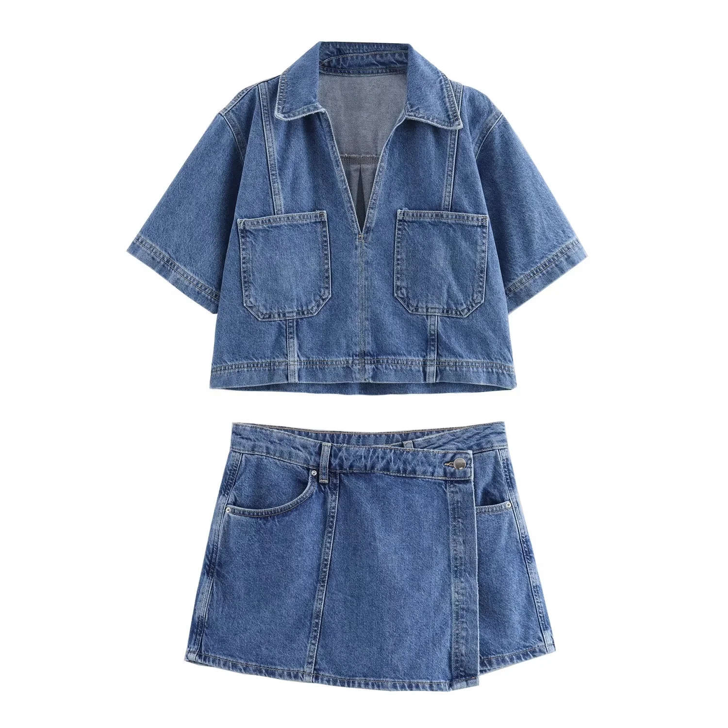 Sommer denim todelt sæt korte ærmer lommer dame top mini nederdel shorts afslappet dame 2 sæt  y2k: Xs / Kongeblå