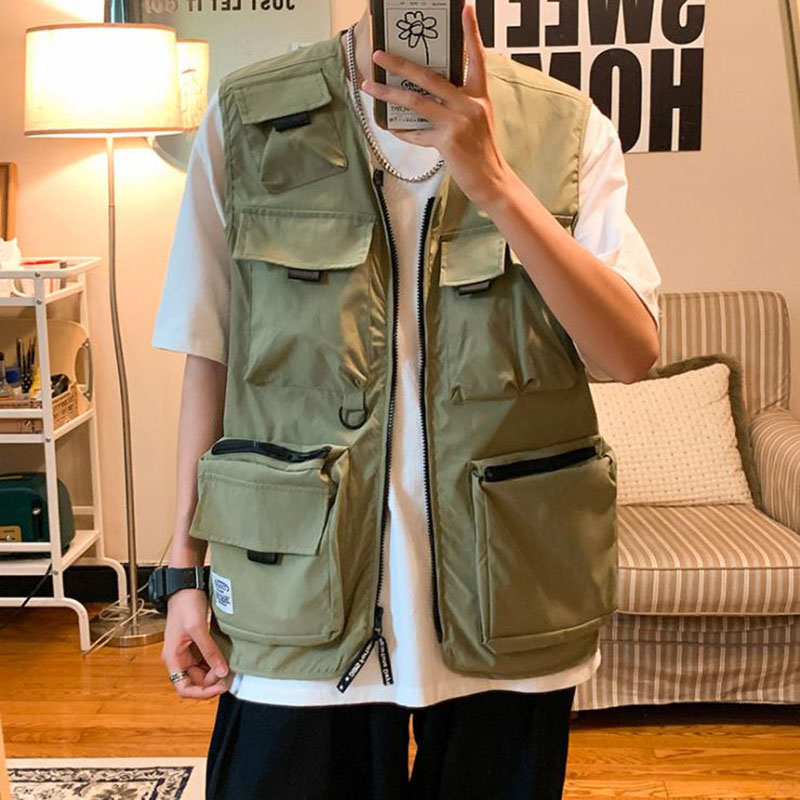 Autumn Mens Tooling Vest Men Streetwear Cargo Vest Hip Hop Sleeveless Jacket Korean Gilet Multi-Pocket Outdoor Coat