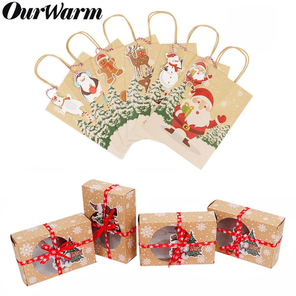 OurWarm 12pcs Kraft Paper Christmas Box Candy Bags Christmas Party Supplies Packing Box Year Bags