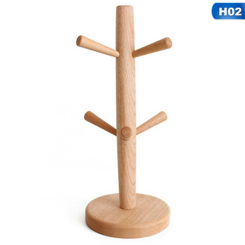 Soporte de madera para taza de café, estante de soporte de tronco de árbol de haya, 6 soporte para tazas y copas, soportes de despensa para encimera, colgador de estantes para tazas, exhibición de cocina: H02