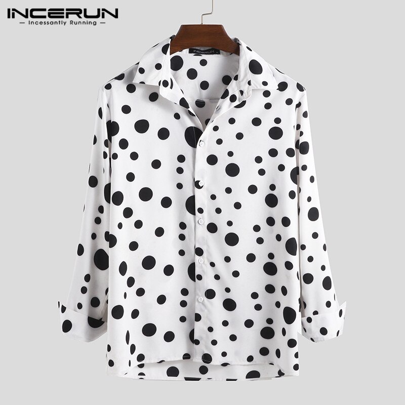 Incerun män casual skjorta klänning prickiga långärmade lapel street style toppar camisa herrmärke skjortor: Vit skjorta / Xxxl