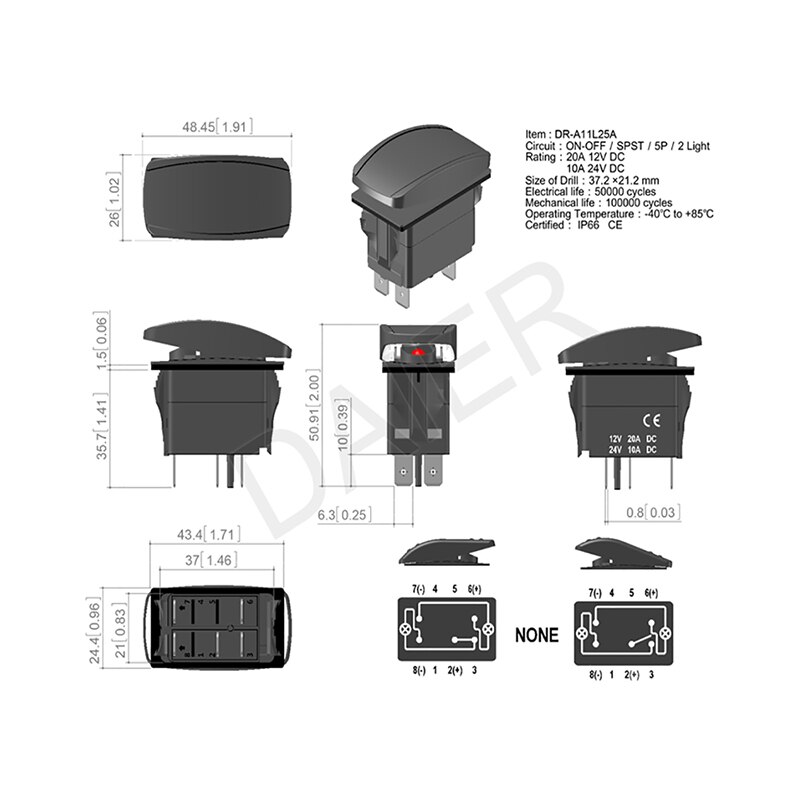 20A 12V Rocker Switch with Dual Blue LED Light Bar Waterproof SPST 5Pin ON-OFF Momentary Horn Switch for Marine Boat Trucks Car