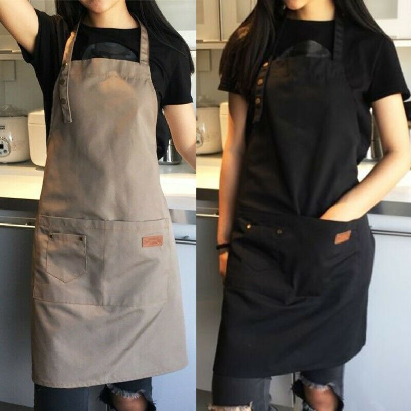 Delantales de babero para adulto, tamaño completo, 2 bolsillos en la cintura, Color liso, cocina, Chef, camarero, estilo