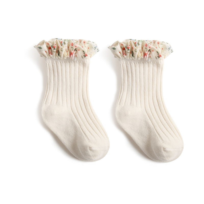 Calcetines de algodón peinado para niña, medias de tubo medio de encaje de princesa de gasa de estilo informal, accesorios para bebé, ropa para bebé, novedad de Primavera de 2022: Rice white / S (0-1 years old)