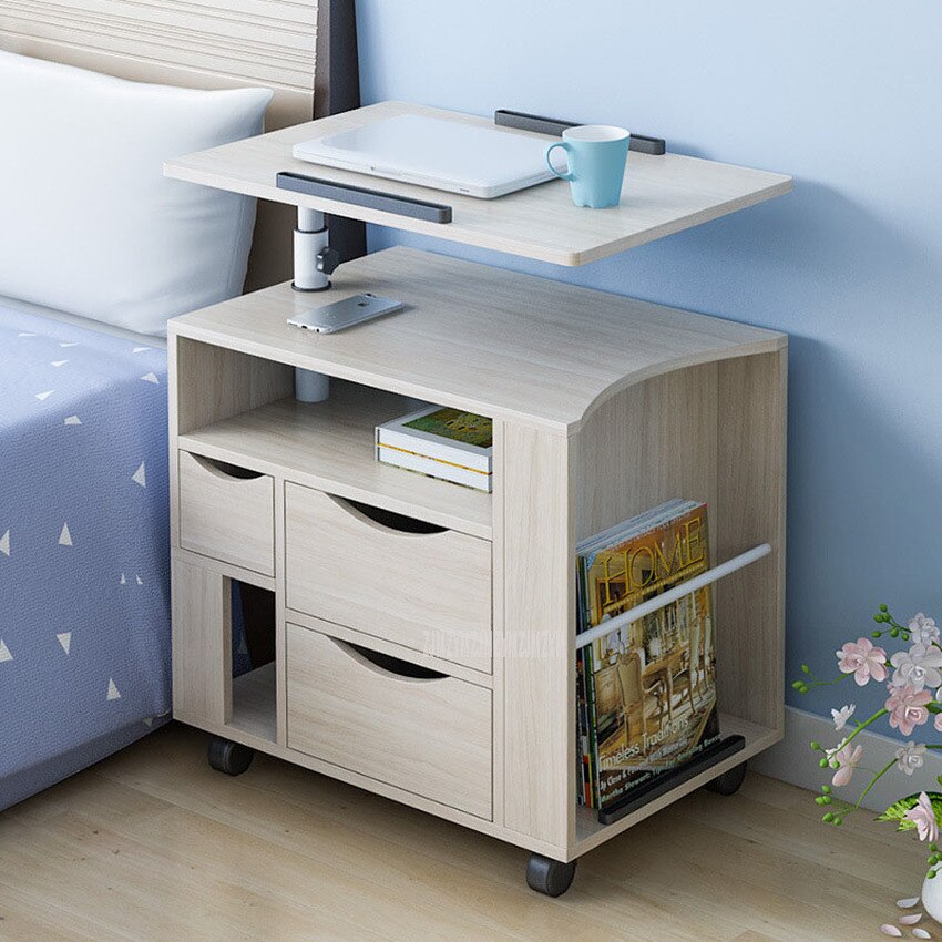 Movable Laptop Nightstand Bedside Liftable Desktop Notebook Laptop Desk Cabinet Wood Multifunctional Storage Cabinet: White maple color