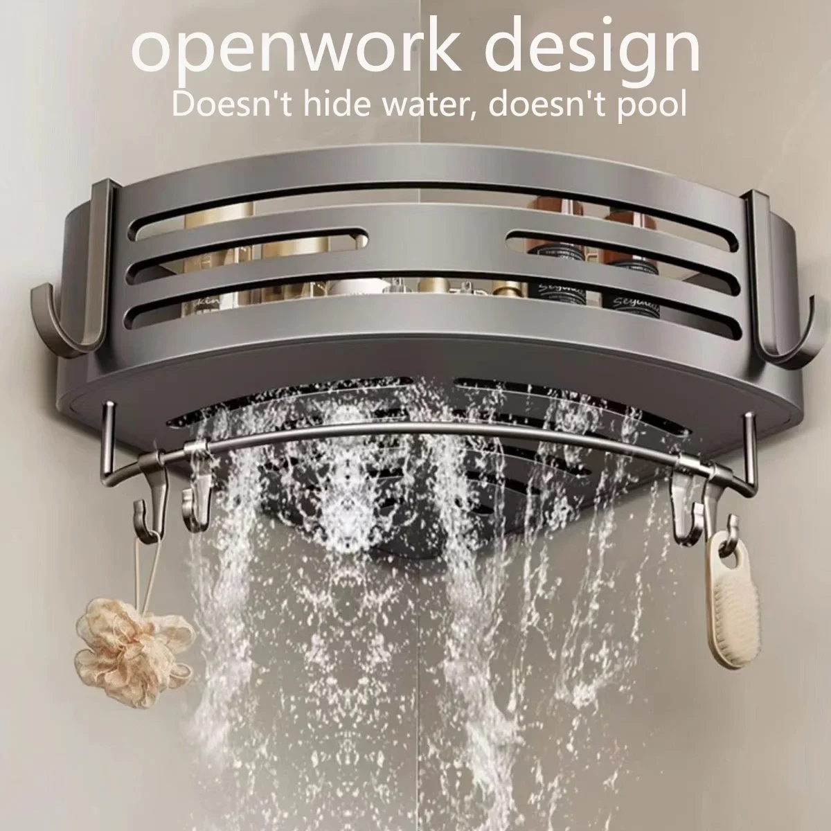 1-2PCS Shower Corner Shelf with Hook Towel Bar No Drill Space Aluminum Shower Storage Rack Bathroom Organizer
