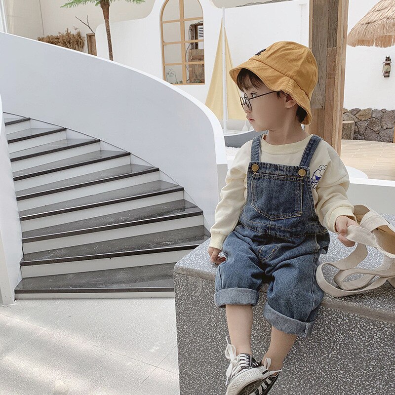 Spring Autumn Korean style baby boys denim loose overalls cute girl kids casual all-match suspender trousers bib pants: 5T