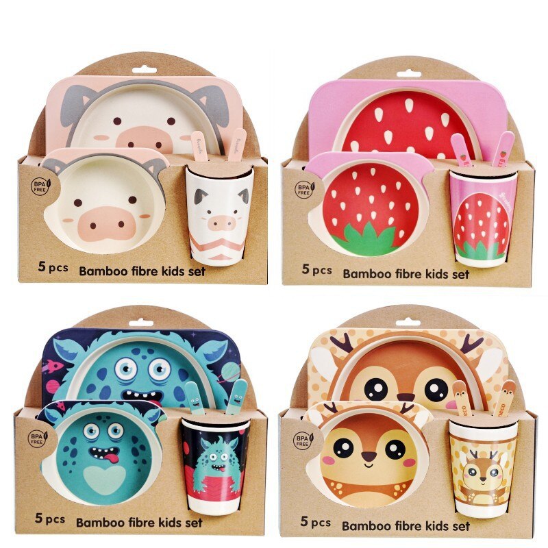 5 uds vajilla de bambú natural para bebés, cuenco de bambú, vajilla de alimentación de bebé, juego de cuenco de alimentación de de dibujos animados bonitos para niños