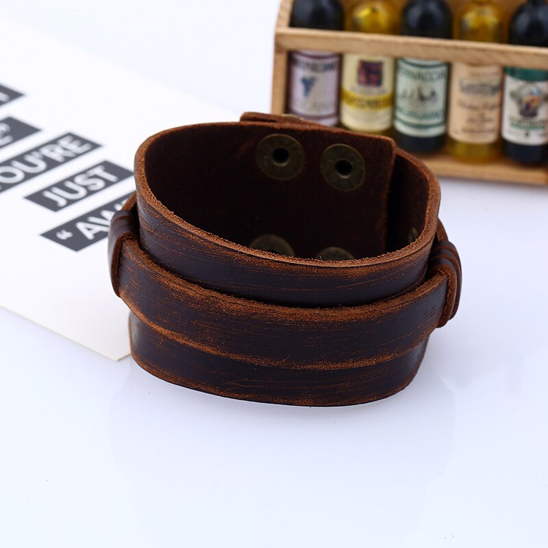Pulseras de cuero marrón Vintage Punk para hombre y mujer, pulsera de doble capa, brazalete Ancho ajustable, joyería