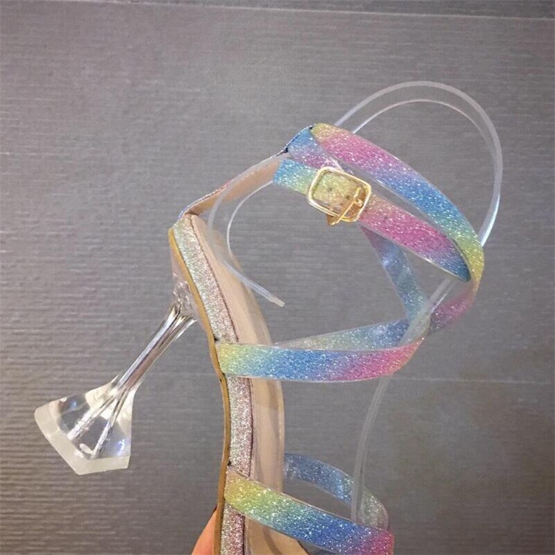 Sandalias MHYONS de de Color neón de PVC, sandalias sexis con puntera cuadrada, hebilla cruzada en el tobillo, correa de cristal, zapatos de boda con tacón Perspex