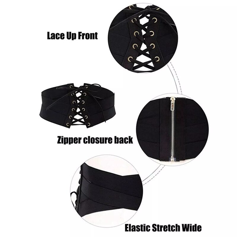 Elastische stretch brede band korset tailleband voor dames, zwart met vetersluiting