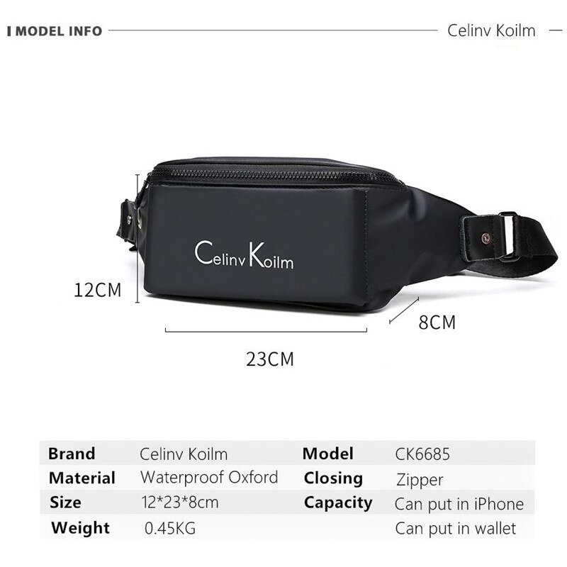 Celinv koilm merkevare fanny pack slim myk oxford klut unisex vannavstøtende midje bag pack for mann bryst sling bag motorsykkel