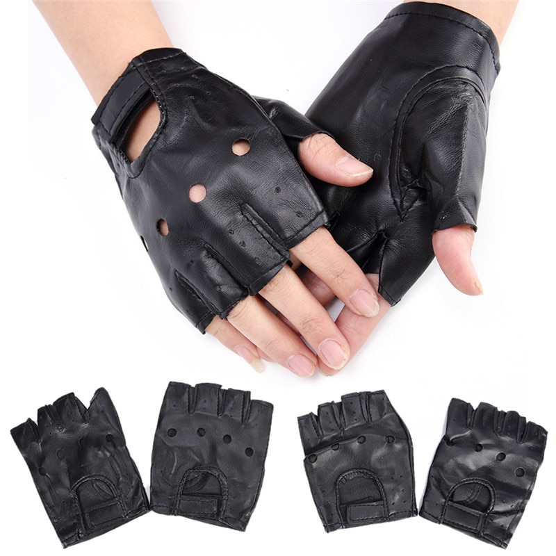1 Pair Unisex Black PU Leather Fingerless Gloves Solid Female Half Finger Driving Women Men Punk Gloves
