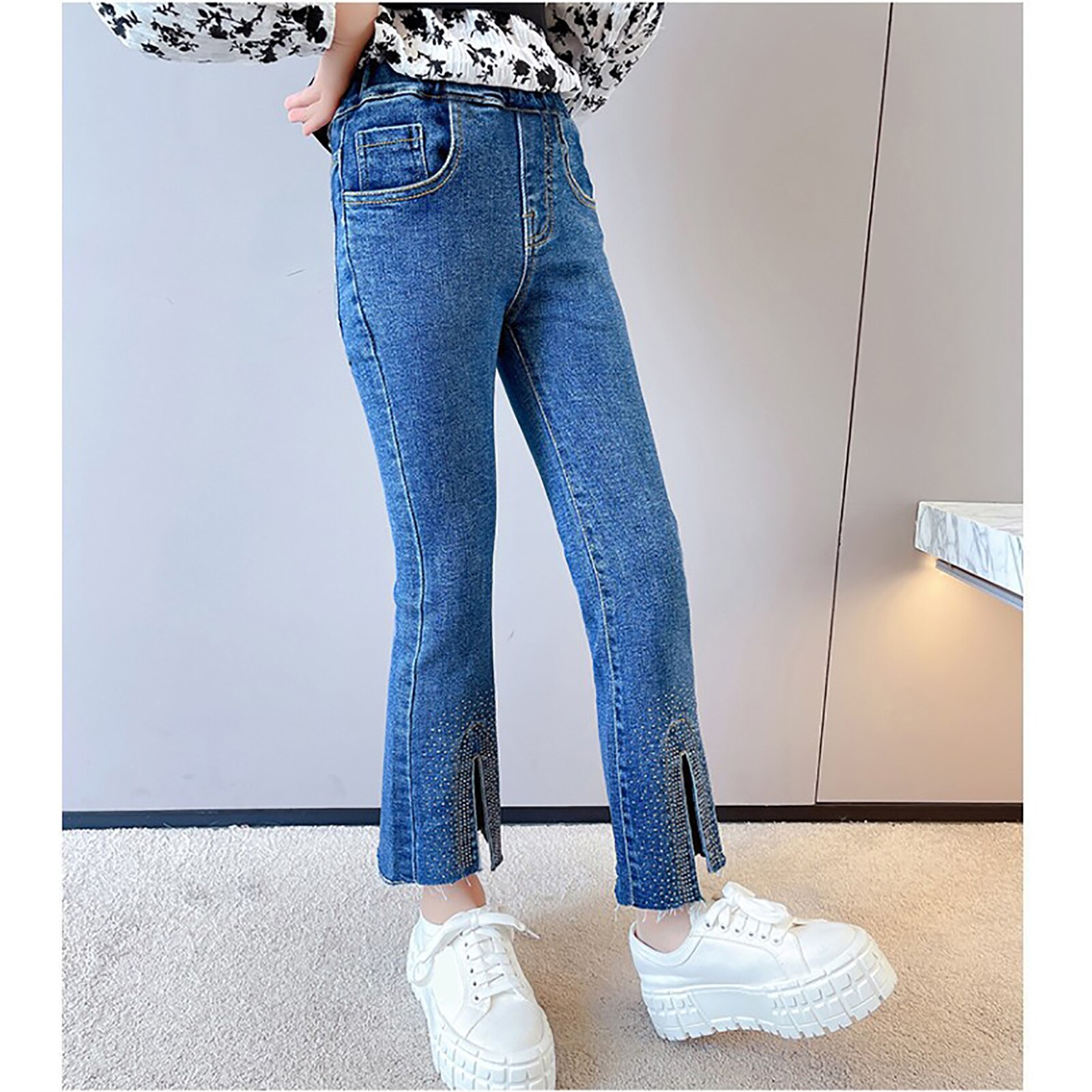 Pantalones vaqueros ligeros de campana para niña, de estilo informal ropa vaquera, rebaba con abertura, primavera y otoño