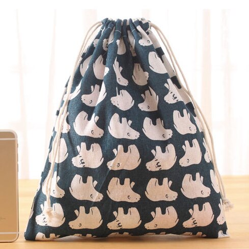 Handmade Cotton Linen Women Drawstring Bags Casual Cartoon Print Travel Home Storage Bag Environmental Reusable Fabric Pouch Bag: bear L