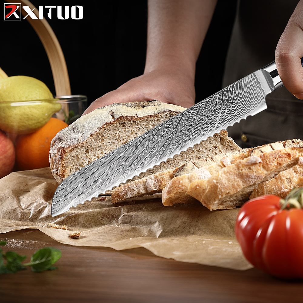 Brotmesser aus Damaststahl, 20,3 cm, professionelles Küchen-Toast-Schneidemesser, Wabenmuster, blauer Harzgriff, gezahntes Messer, Kuchenmesser