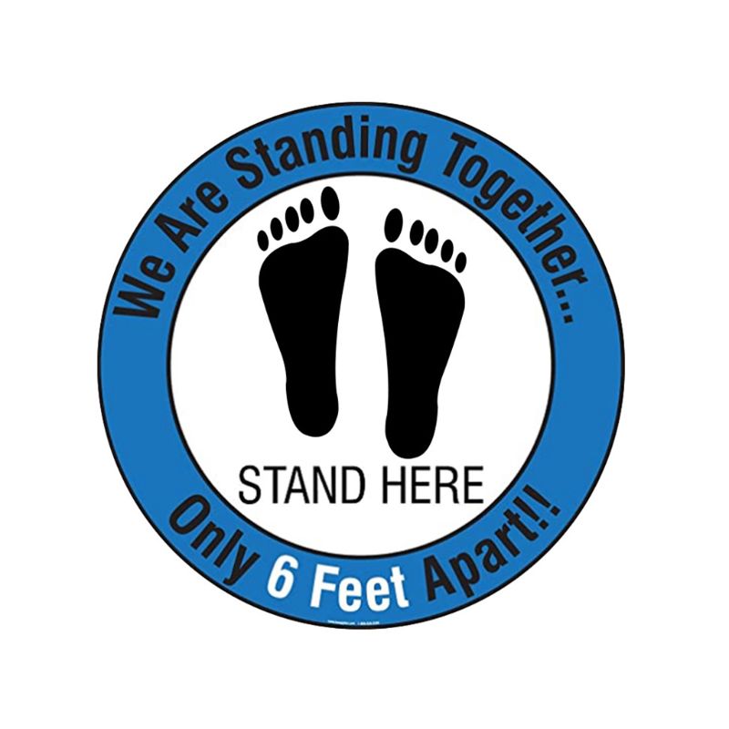 Please practice social distancing floor sign.Safety sign.11" Circle Pressure sensitive adhesive. Pressure sensitive vinyl, made: D