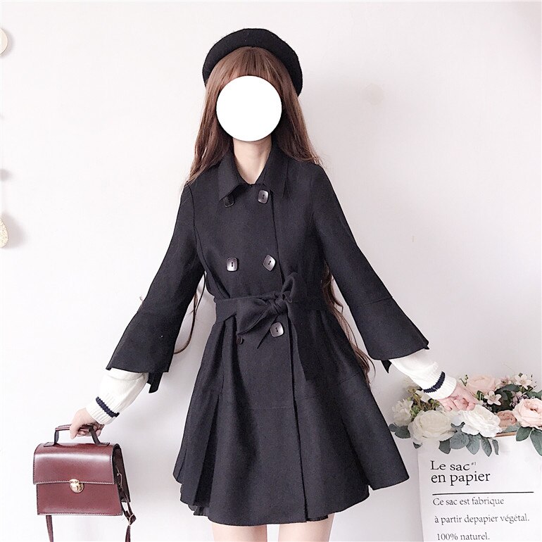 Japanese Style Mid-Length Woolen Coat for Women Autumn and Winter Student Cute Waist-Tight Woolen Coat: black