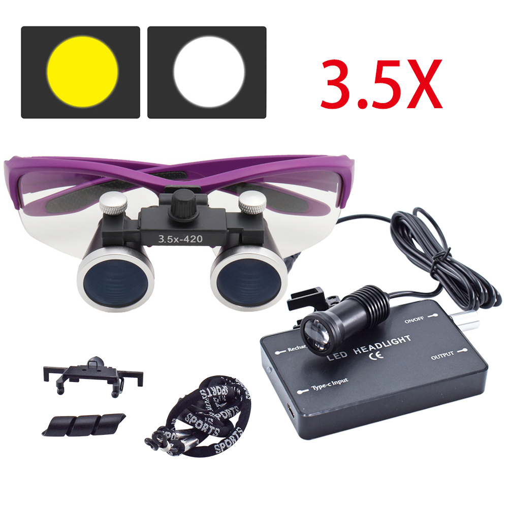 Tandheelkunde Verrekijker Vergrootglas 2.5X 3.5X Ultralichte Optische Loepen 320-420mm Vergrootglas Met Draadloze 5W Koplamp: Lichtgrijs