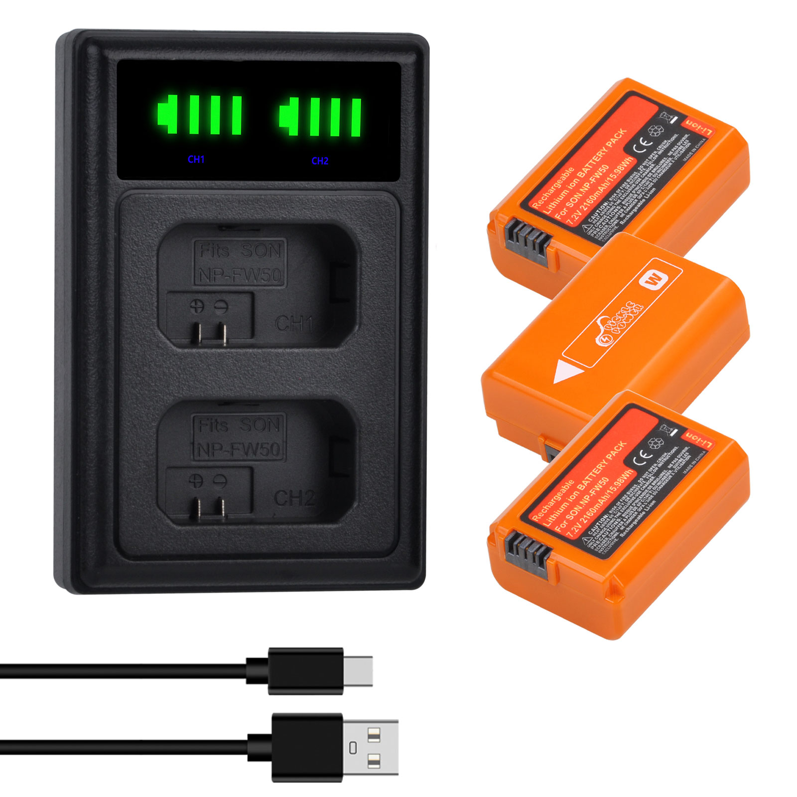 NP-FW50 Battery for Sony ZV-E10 ZVE10 Alpha a6500 a6300 a6000 a5000 a3000 NEX-3 a7R, USB Charger for NPFW50: black