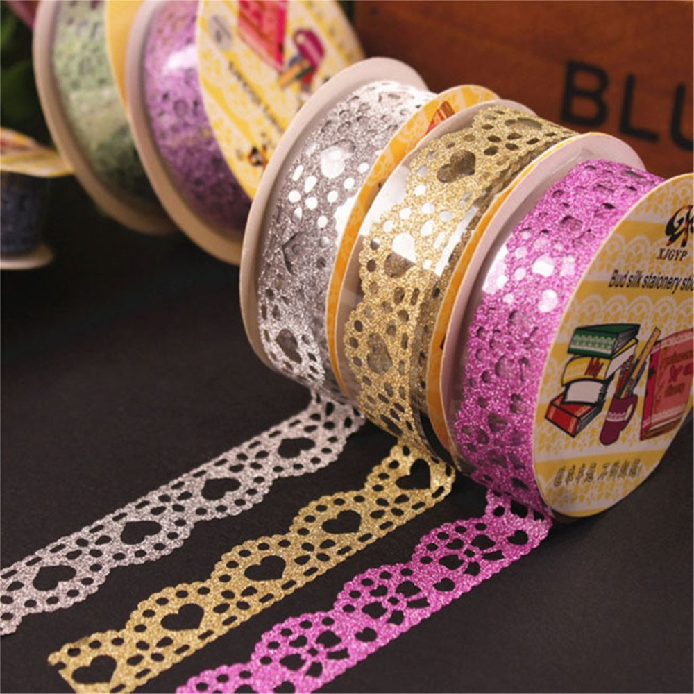 Pakke  of 7 søde blonderblomster glitter diy dekorative washi tape klistret papir til scrapbooking og håndværk  (7 stk tilfældig farve)