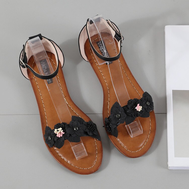 Calzado Mujer-sandales plates fleuries douces, chaussures de plage en cuir PU respirantes, grande taille, été, collection: Black / 8.5