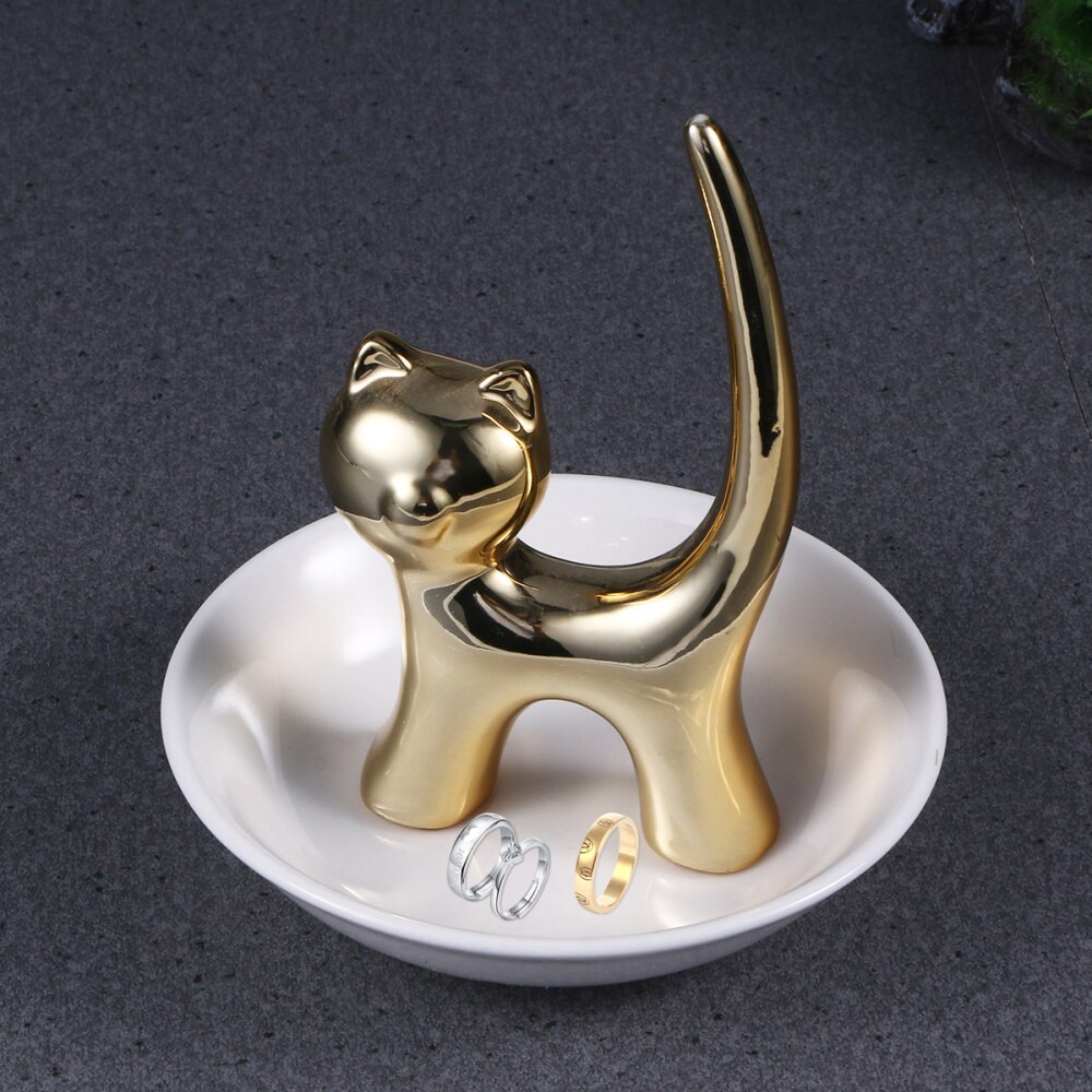 Plato de cerámica con forma de gato dorado para almacenamiento de joyas, bandeja decorativa para anillos, adorno de escritorio para pulsera, pendientes, collar