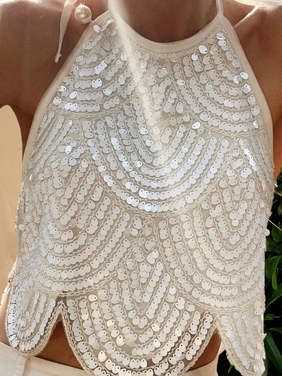Elegante paljetter halterneck crop tops kvinner rysjer strømpeholdervest ensfarget v-hals ryggløs kort topp strandtopp for kvinner: S / Hvit