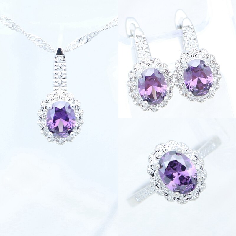 Anillo granate, pendientes, colgante, collar, joyería dulce, conjunto de joyas de plata de ley 925 para mujer, caja de gratis: Morado