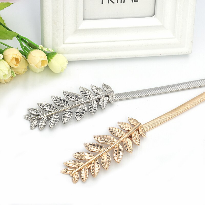 Cinturón de hebilla de metal de hojas de flores para mujer, cinturón de cadena de cintura elástica para mujer, cinturón de mujer fino dorado pasek damski