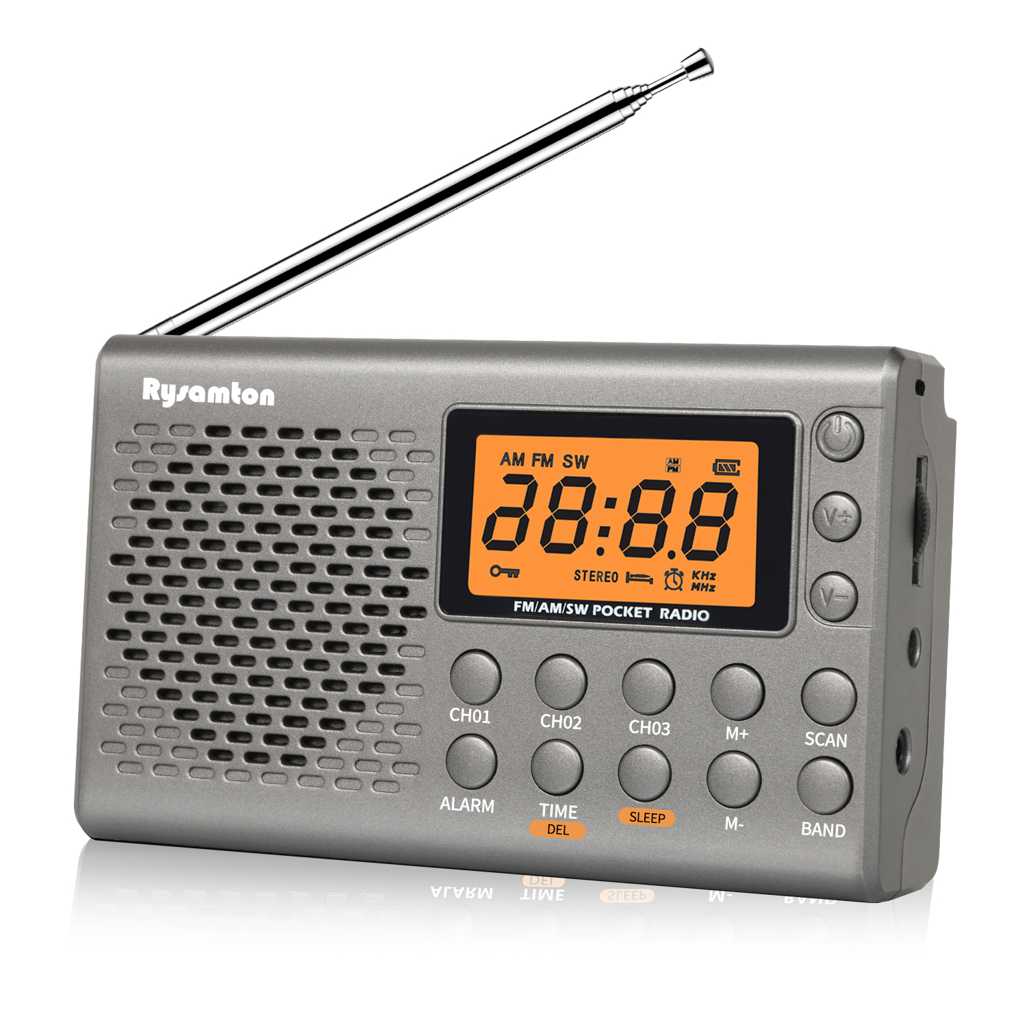 Rysamton Przenośne radio krótkofalowe AM/FM Duży wyświetlacz cyfrowy z funkcją wyłącznika czasowego i budzika, radia na baterie: Srebrny