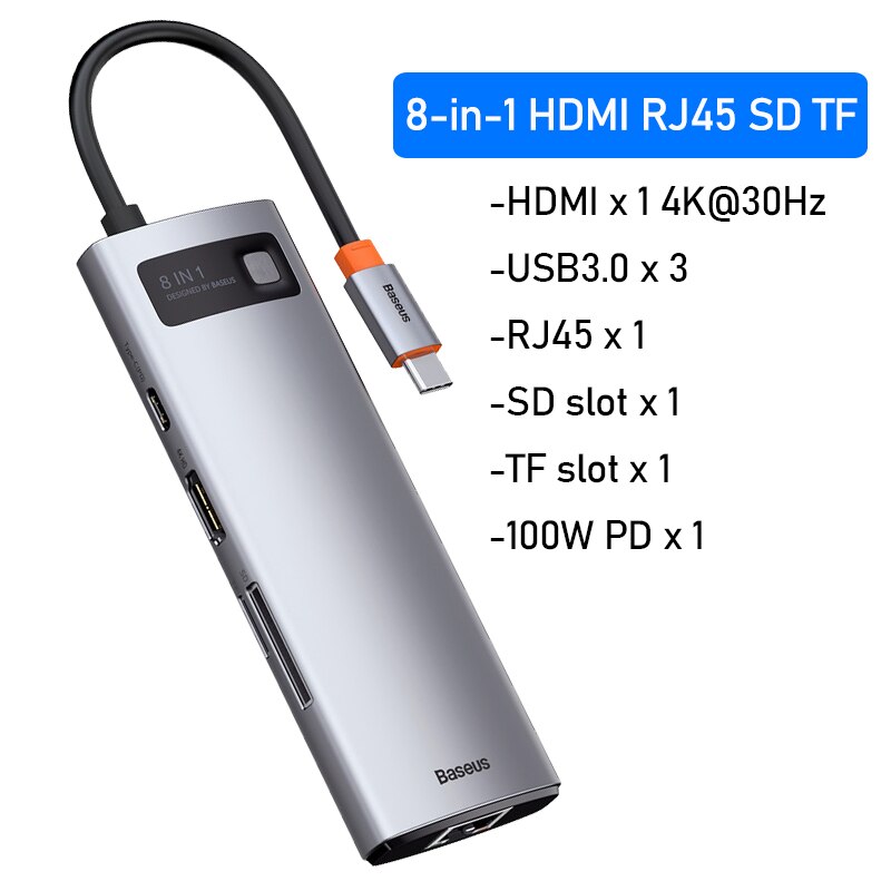 Baseus 11 in 1 USB C HUB Multi HUB Ethernet Network PD 100W Type C Docking Station Splitter USB 3.0 Adapter For Macbook Surface: 8 in 1 USB-C HUB G