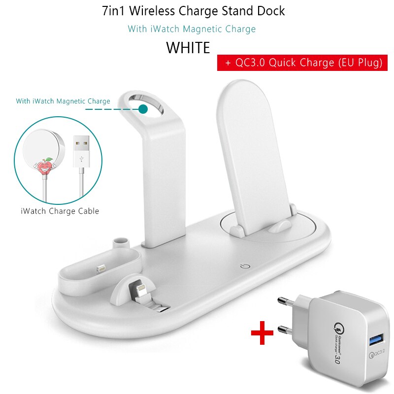 7 in 1 QI kabellos Ladegerät aufladen Dock Bahnhof Pro Apfel Airpods Android Uhr aufladen Pro IPhone 11 Profi Xiaomi Telefon Halter: weiß Watch QC3.0