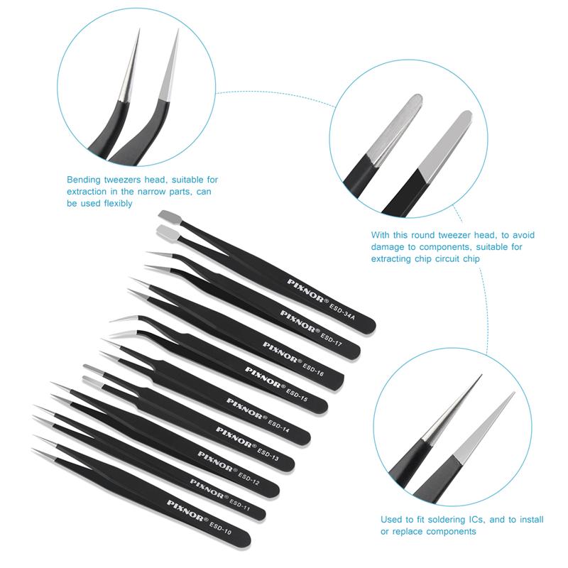 PIXNOR 9pcs Premium Anti-Static ESD Stainless Steel Tweezers Set For Electronics Jewelry-Making Laboratory Work Hobbies