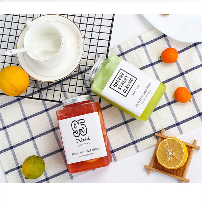 10 st/set söt fyrkantig temjölk frukt vattenkopp 500ml klara husdjursflaskor värmebeständig plastdryck flaska juice flaska burk