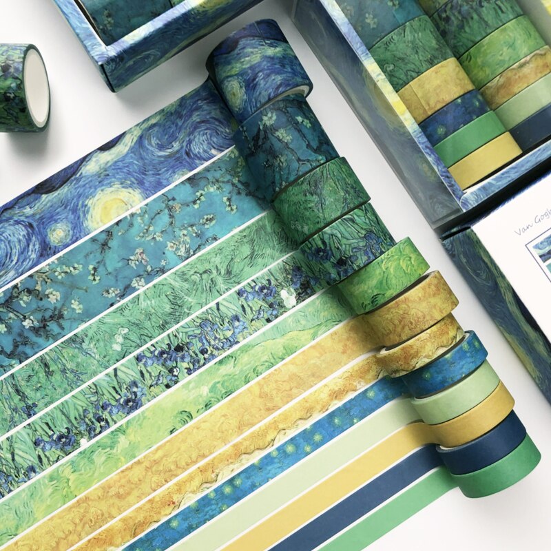 12Pcs/Set Multi-color Washi Tape Solid Color Masking Tape Decorative Adhesive Tape Sticker Scrapbooking Diary Stationery Supply: Van Gogh Impression