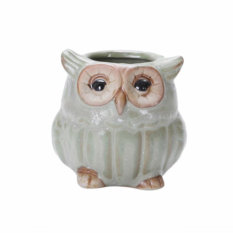 Cute Set 3 Vasi Per Piante Grasse A Forma Di Gufo Con Vassoio In Bambù – Ceramica Bianca Per Scrivania